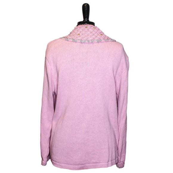 Vintage Storybook Knits Cardigan Sweater Pink Silver Embroidered Faux Pearls 1X - Picture 2 of 6